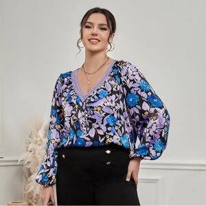 Pretty in Purple Plus Floral Print Contrast Lace Lantern Sleeve Blouse in 3X
